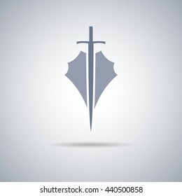 Shield and sword icon,shield and sword silhouette with shadow 