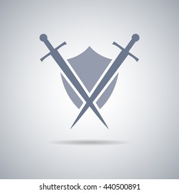 Shield and sword icon,shield and sword silhouette with shadow 