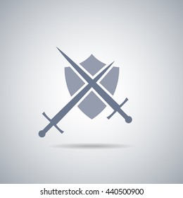 Shield and sword icon,shield and sword silhouette with shadow 