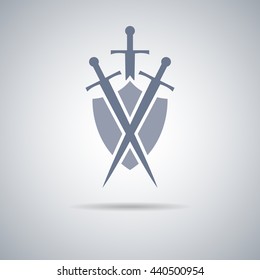 Shield and sword icon,shield and sword silhouette with shadow 