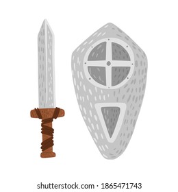 Schild und Schwert einzeln auf weißem Hintergrund. Cartoon süße Waffe des Wikings in doodle Stil Vektorgrafik.