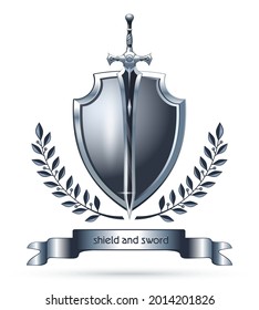 Shield, sword, laurel wreath and ribbon with the inscription. Large two-handed sword on the background of a metal shield. Vector illustration