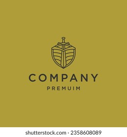 Shield sword with line art style logo design template flat vector