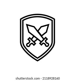 Shield and sword line icon, vector outline logo isolated on white background