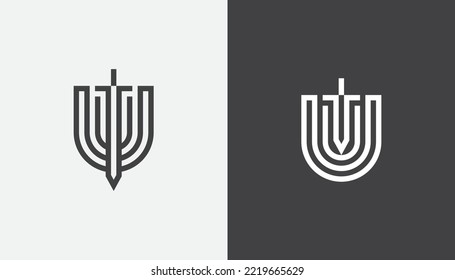 Símbolo del símbolo del símbolo del concepto del logotipo de espada. Diseño del elemento.  Seguridad, Seguridad, Logotipo de protección. Ilustración del vector