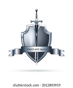 Shield and sword logo design. Large two-handed sword on the background of a metal shield. Vector illustration