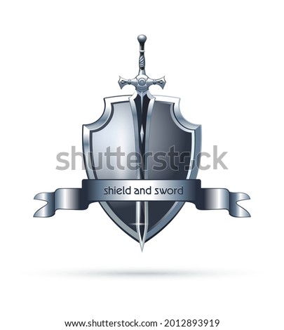 Shield and sword logo design. Large two-handed sword on the background of a metal shield. Vector illustration