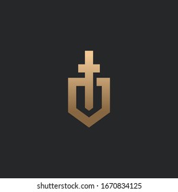 Shield and sword logo icon design template. Business symbol or sign. Line luxury logotype. Vector illustration