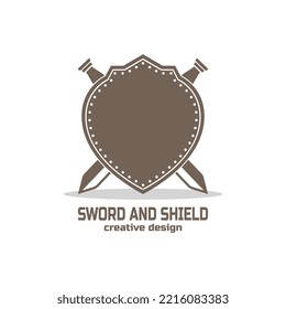 Schild- und Schwertlogo oder Symbol, Waffen- und Schutzkonzept, Silhouettengrafik, Vektorgrafik