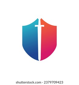 Shield and sword logo on a white background
