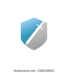 Shield and sword logo on a white background