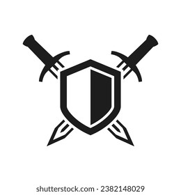 Shield and sword logo on a white background
