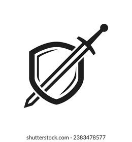 Shield and sword logo on a white background