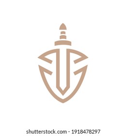 Shield and sword logo with simple line shape concept