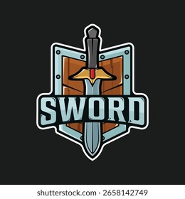 shield and sword logo vector color illustration template icon graphic design . blade or saber sign and symbol for fantasy story or company with black backgrounds