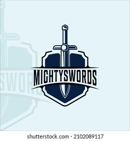 diseño gráfico del icono de la plantilla vintage de ilustración vectorial de la pantalla y el logotipo de la espada. swords o blade o símbolo de sable y símbolo para empresas de fondo azul