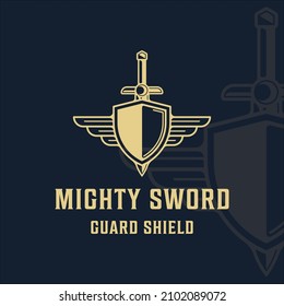 shield and sword logo with wings vintage vector illustration template icon graphic design. swords or blade or saber sign and symbol for company with backgrounds