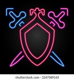 shield sword neon sign, modern glowing banner design, colorful modern design trends on black background. Vector illustration.