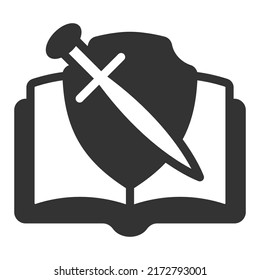Shield and sword on an open book, knowledge, power - vector sign, web icon, illustration on a white background, glyph style