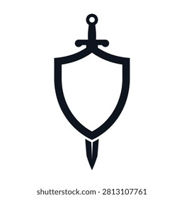 A shield with a sword on a white background symbolizing protection and defense
