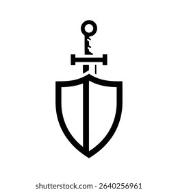 A shield with a sword piercing through it, depicted in a simple, black and white minimalist style.