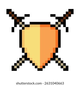 Shield sword in pixel art style isolated on white background