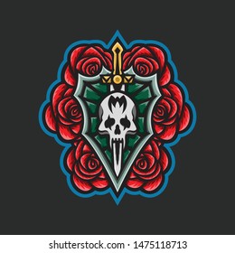 Shield Sword With Roses and Skull Concept Vector Illustration Cartoon. Suitable For Logo, Wallpaper, Banner, Background, Card, Book Illustration, T-Shirt Design, Sticker, Cover, etc