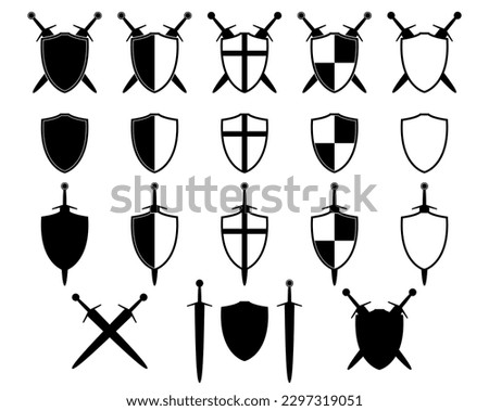 shield with sword set icon silhouette, vector illustration of medieval swords and shields isolated on a white background