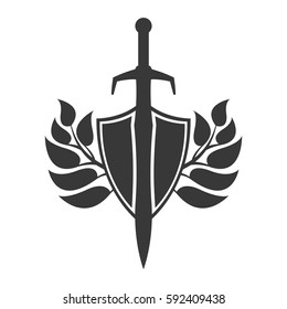 Shield and sword silhouette with leaves.