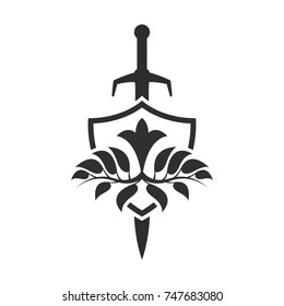 Shield and sword silhouette. Security company logo template.