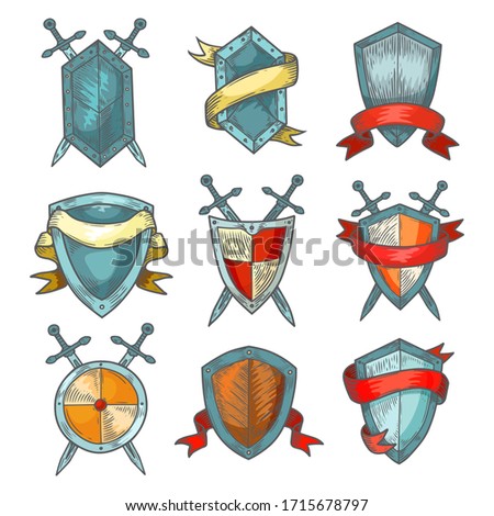 Shield and sword sketch Medieval heraldic armor of knight warrior, vector set. Shield and sword hadn drawn coat of arms or royal heraldry with red ribbon flags, cartoon and fantasy design elements