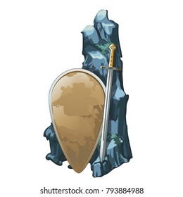 Shield and sword with stone is covered with silt isolated on white background. Archaeological finds of ancient civilizations on the seabed and the ocean floor. Vector cartoon close-up illustration.