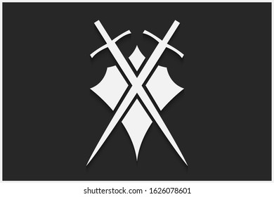 Shield and sword vector emblem. White shield and sword on a black background with shadow.