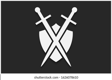 Shield and sword vector emblem. White shield and sword on a black background with shadow.