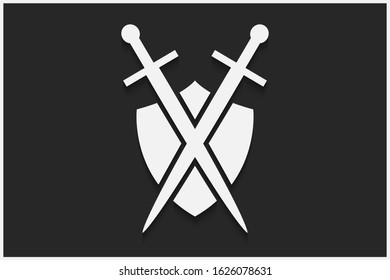 Shield and sword vector emblem. White shield and sword on a black background with shadow.