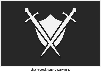 Shield and sword vector emblem. White shield and sword on a black background with shadow.