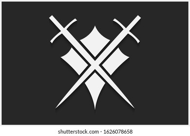 Shield and sword vector emblem. White shield and sword on a black background with shadow.