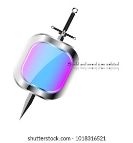 Shield and sword. Vector illustration. Military sword  ancient weapon design silhouette, European straight swords.