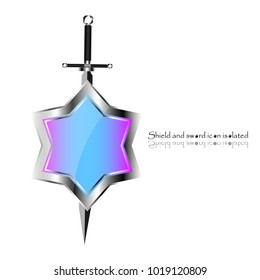 Shield and sword. Vector illustration. Military sword  ancient weapon design silhouette, European straight swords.