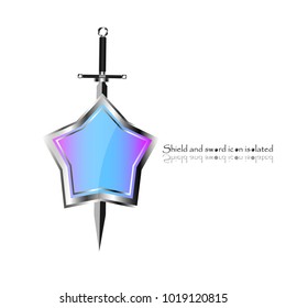Shield and sword. Vector illustration. Military sword  ancient weapon design silhouette, European straight swords.