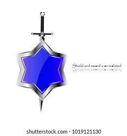 Shield and sword. Vector illustration. Military sword  ancient weapon design silhouette, European straight swords.