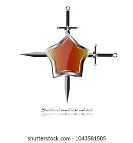 Shield and sword. Vector illustration. Military sword  ancient weapon design silhouette, European straight swords.	
