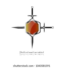 Shield and sword. Vector illustration. Military sword  ancient weapon design silhouette, European straight swords.	