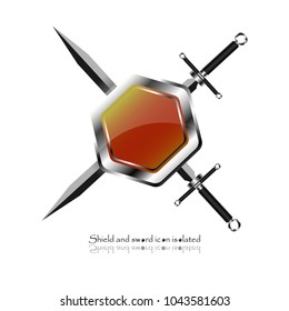 Shield and sword. Vector illustration. Military sword  ancient weapon design silhouette, European straight swords.	