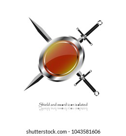 Shield and sword. Vector illustration. Military sword  ancient weapon design silhouette, European straight swords.	