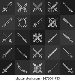 Shield and sword vector outline icons or design elements on dark background 