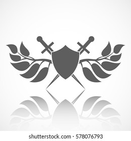 Shield and sword with wings from leaves. Abstract shield and sword with reflect.
    