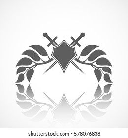 Shield and sword with wings from leaves. Abstract shield and sword with reflect.
    