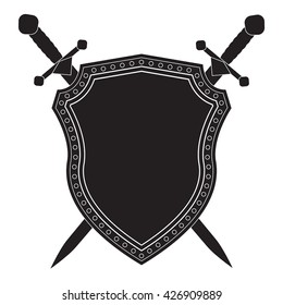 Shield and swords. Black sign. Vector illustration isolated on white background