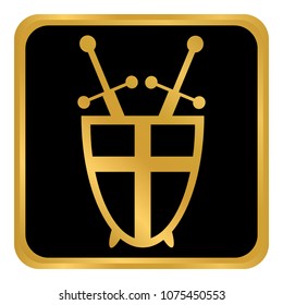 Shield and swords button on white background. Vector illustration.